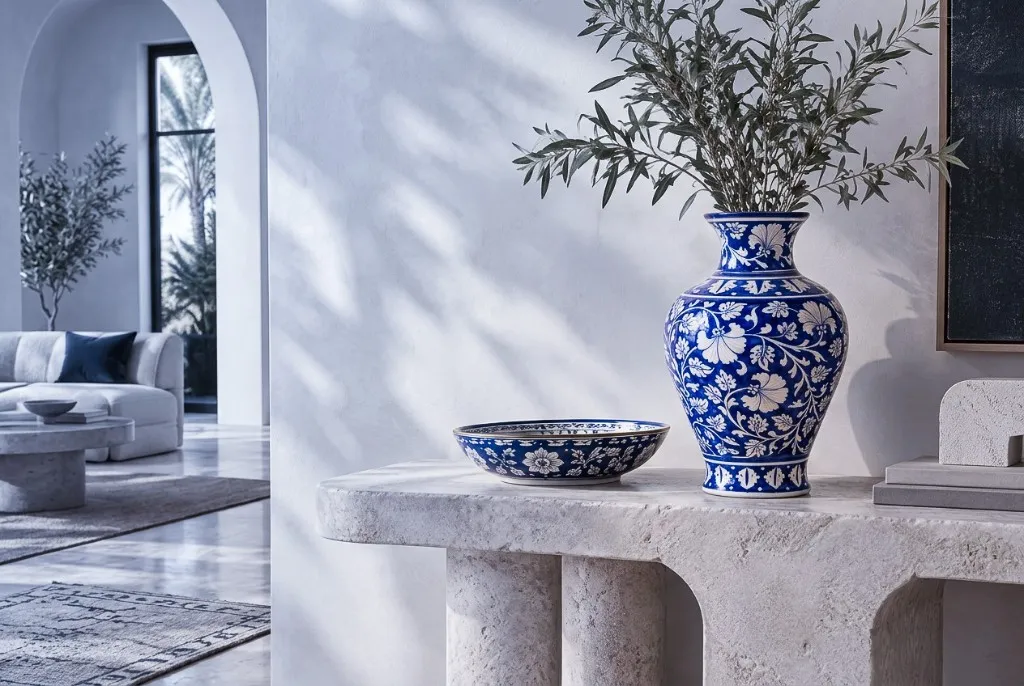 A blue and white floral vase and bowl on a stone console in a sunlit interior
